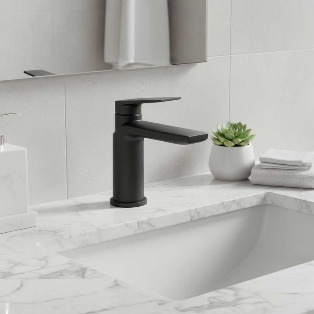 Matte black mono basin mixer tap on white marble countertop in bright luxury bathroom lifestyle setting