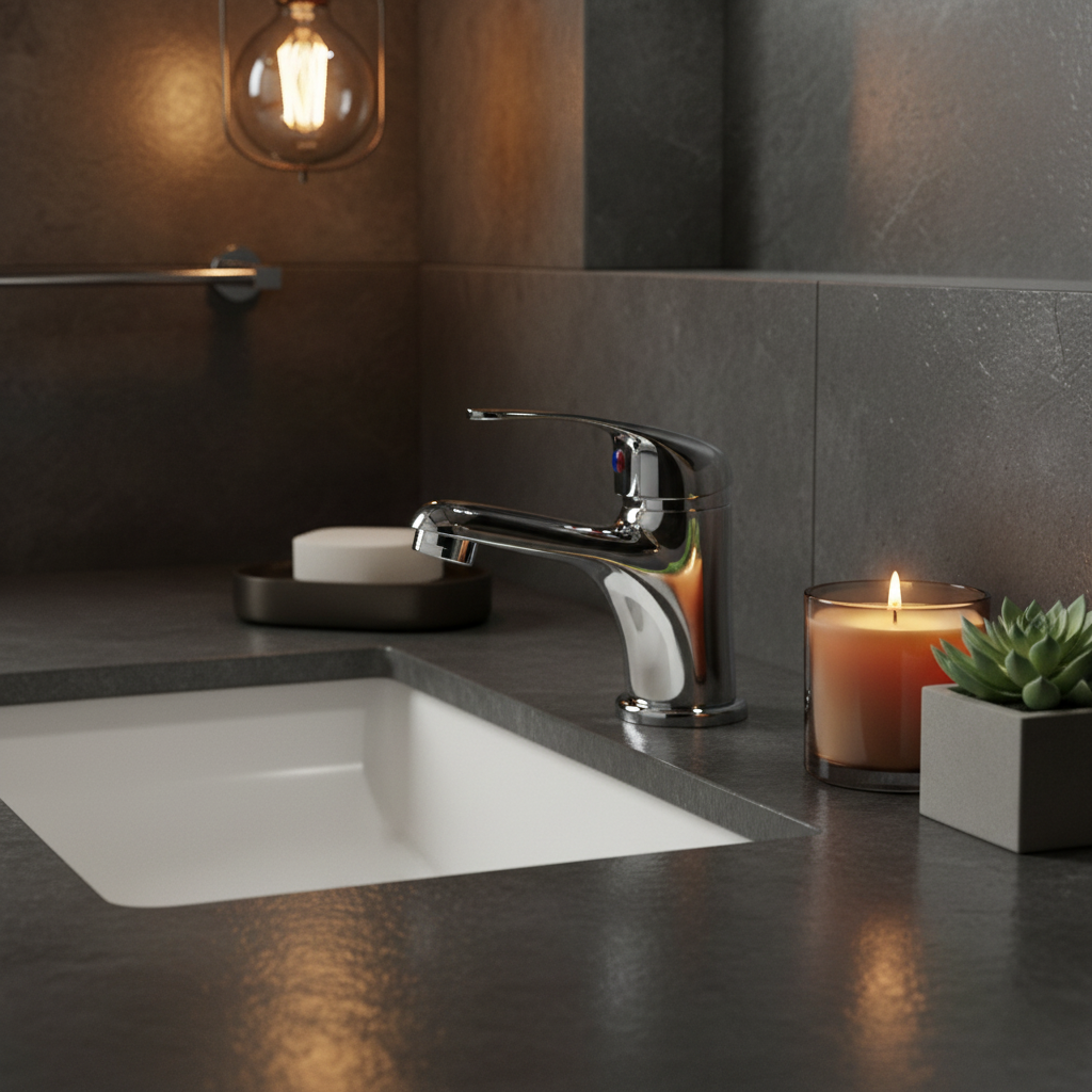 Polished chrome mono basin mixer tap on dark charcoal slate countertop in moody luxury bathroom lifestyle setting