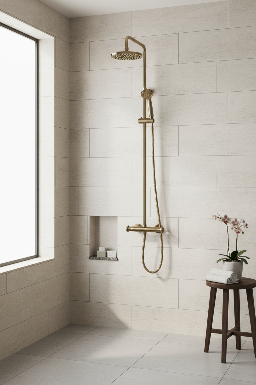Brushed brass thermostatic shower system in luxury bathroom setting