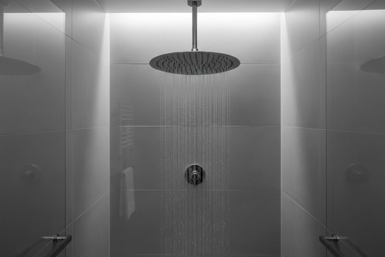 Round chrome rainfall shower head in modern minimalist bathroom with grey tiles