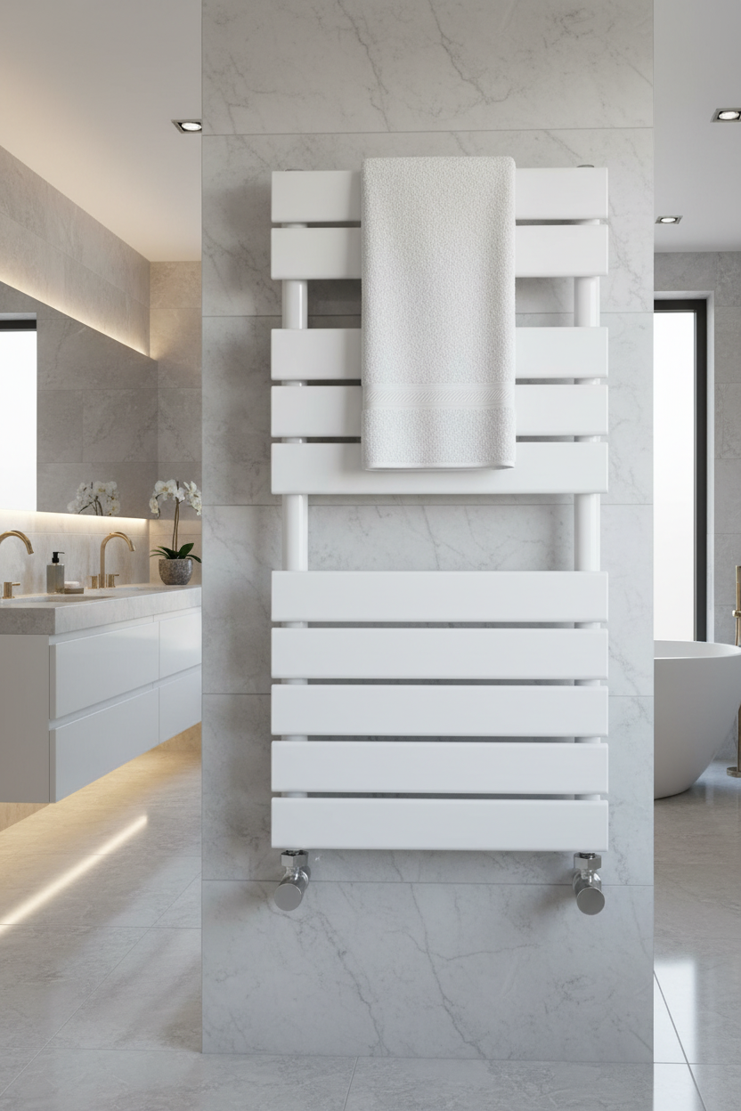 White flat tube heated towel rail in luxury bathroom setting