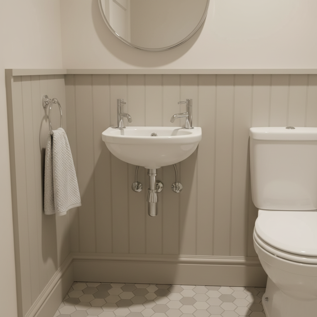 Eastbrook Dura 453x285mm white cloakroom basin with two chrome pillar taps and exposed chrome bottle trap pipework in a classic British cloakroom