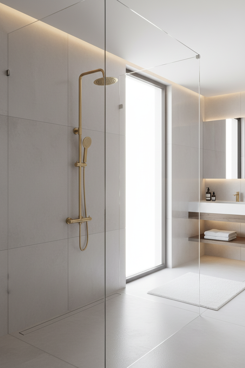 Brushed brass shower system in modern bathroom setting