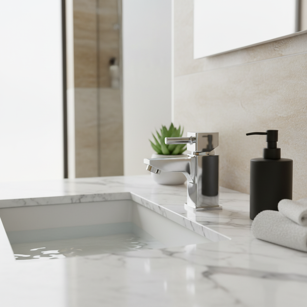 Munro chrome mono basin mixer tap on white marble countertop in bright luxury bathroom lifestyle setting