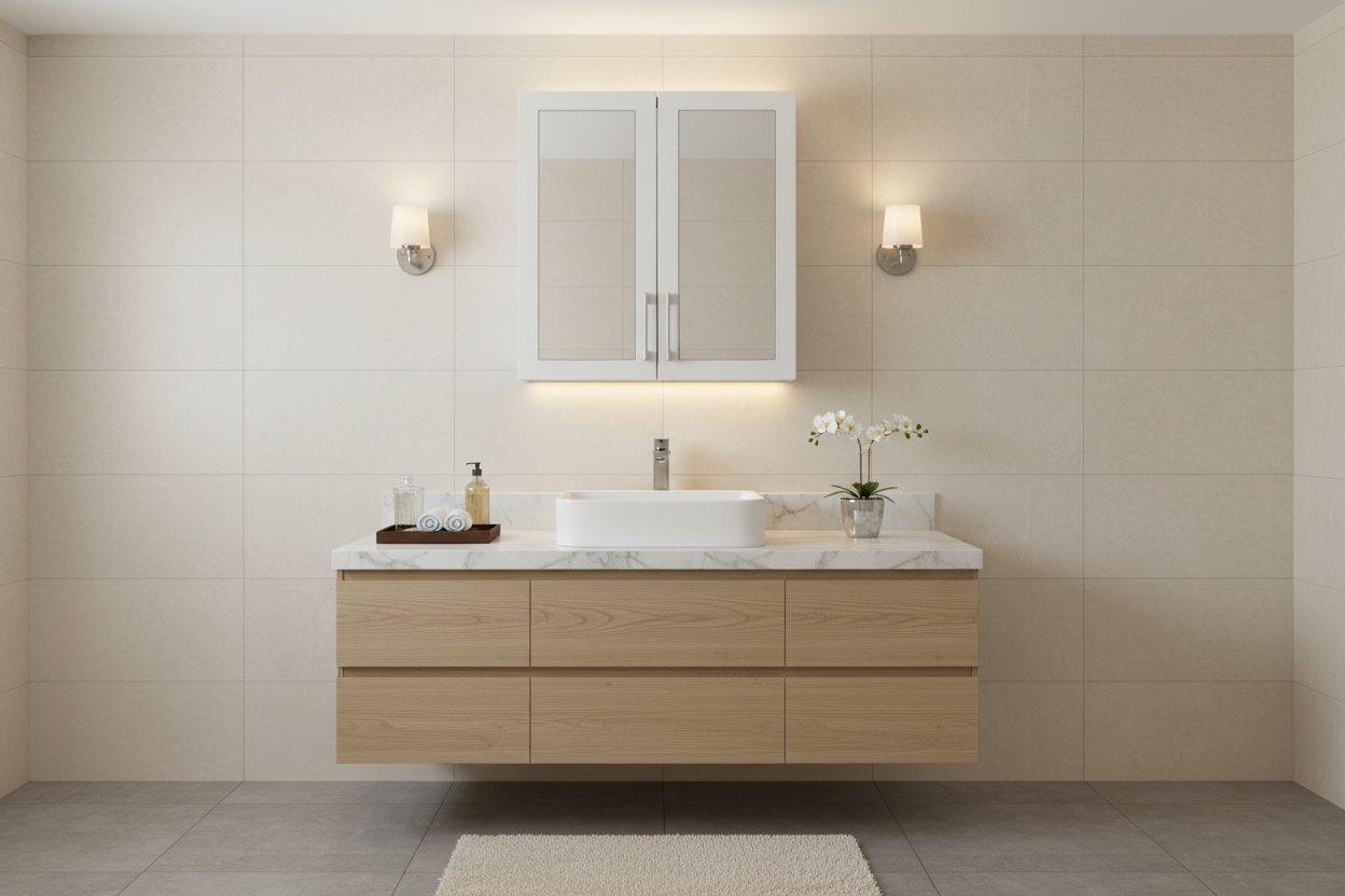 White double-door mirrored wall hung bathroom cabinet in bathroom setting