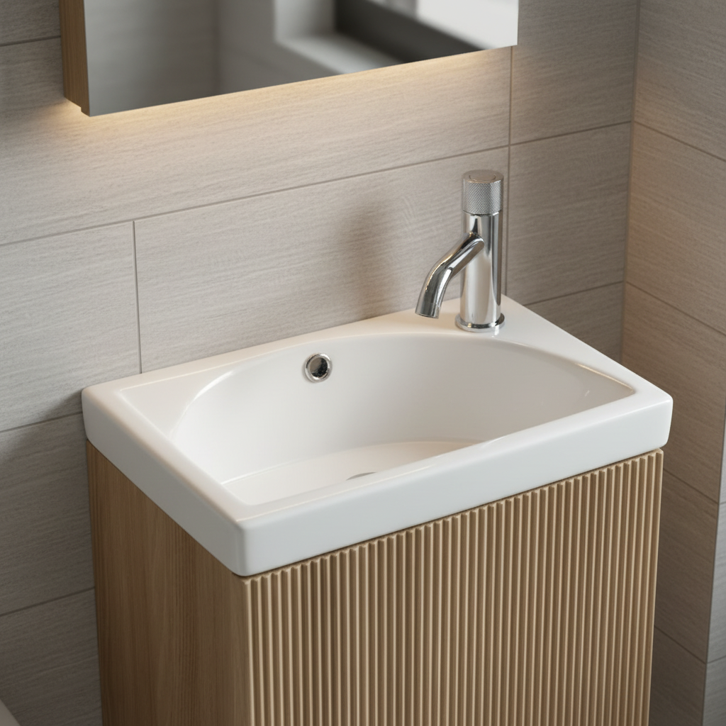 Close-up of cloakroom vanity basin and chrome tap with ribbed oak cabinet in a modern cloakroom setting