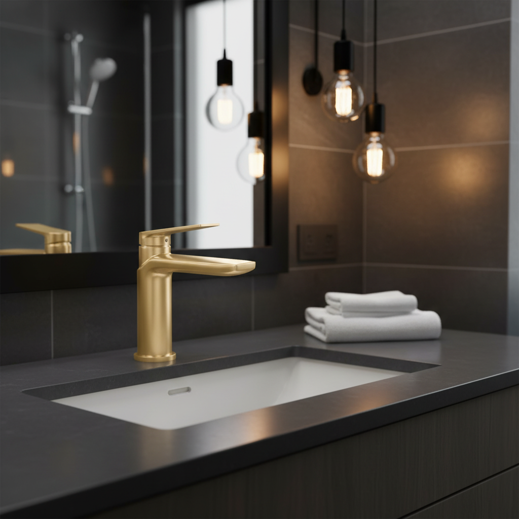 Brushed brass basin mixer tap on dark charcoal vanity in moody luxury hotel bathroom