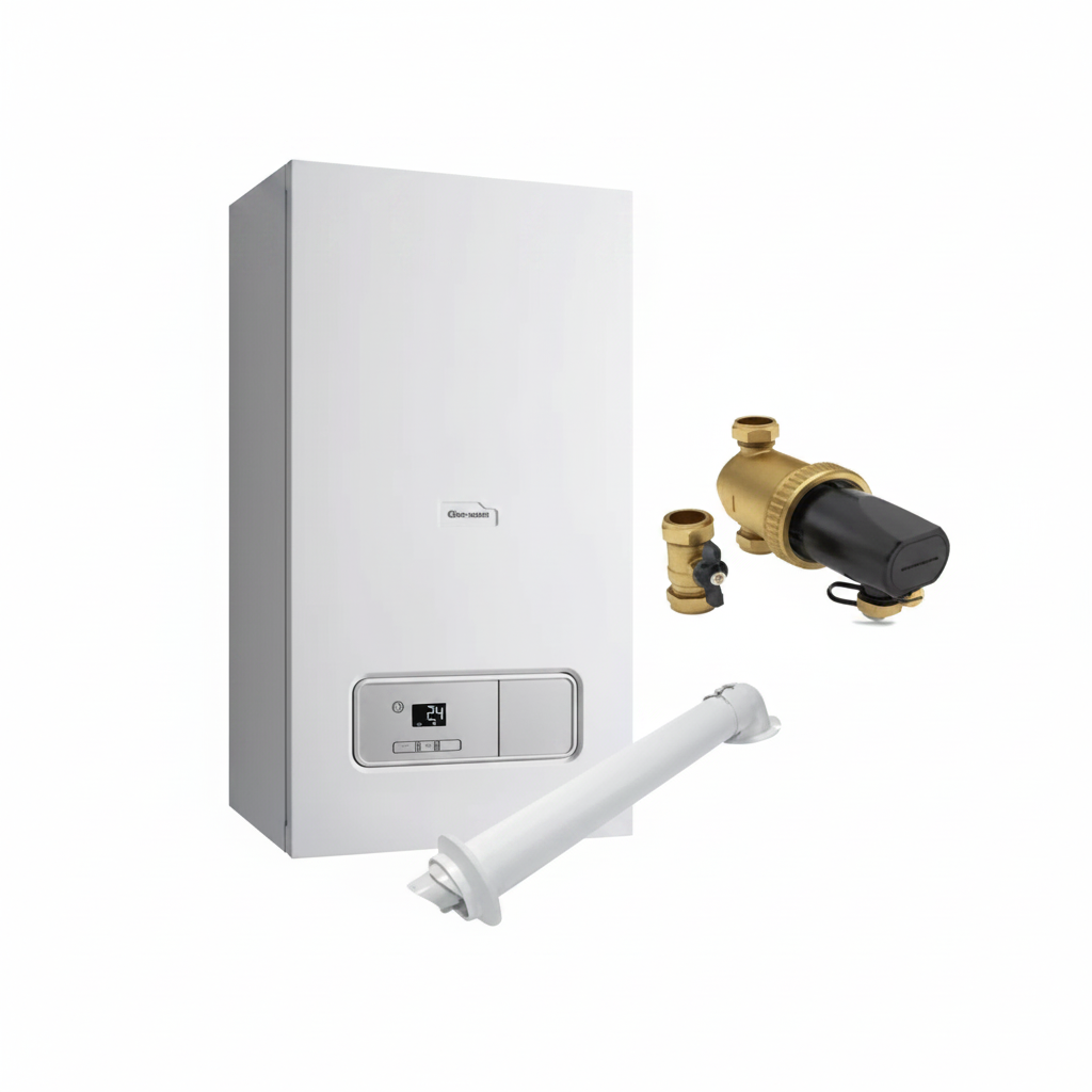 Glow-Worm combi boiler with horizontal flue and brass power filter on white background