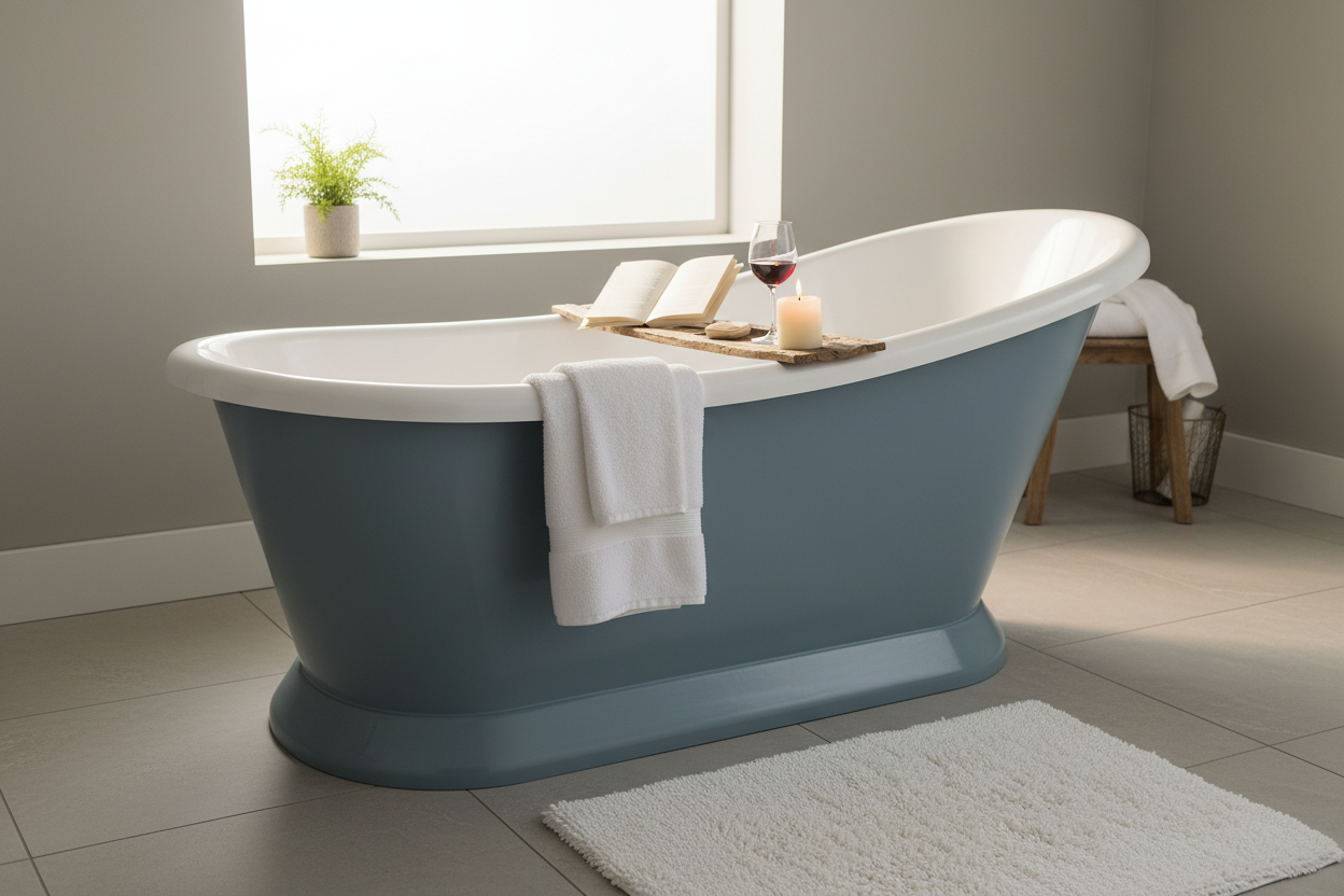 Bayswater blue-grey freestanding slipper bath in a luxury bathroom setting