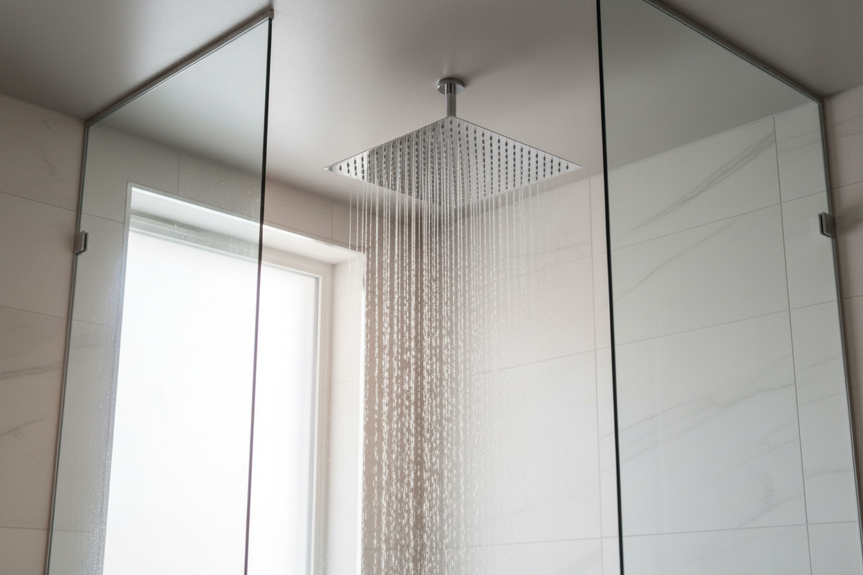 Chrome rainfall shower head installed in modern luxury bathroom shower setting