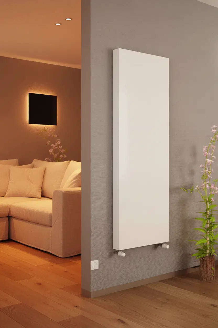 Kartell K-Flat vertical designer radiator side angle view in a warm cosy living room lifestyle setting