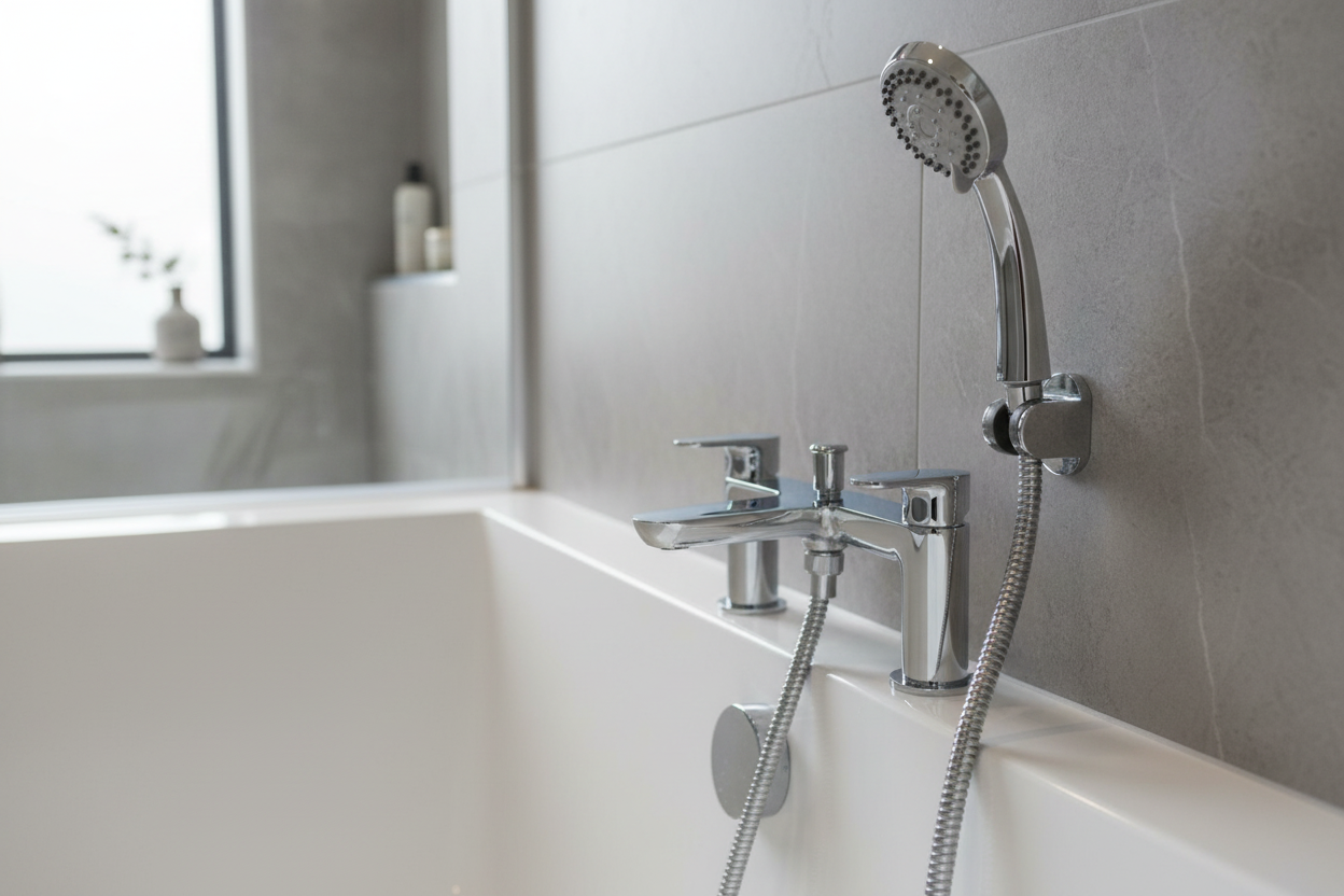 Bath shower mixer tap wall mounted at end of bath with tiled surround