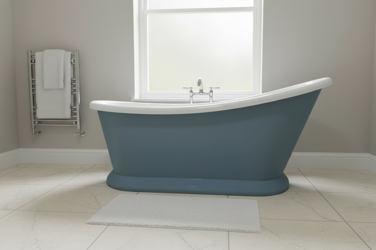 Bayswater blue-grey freestanding slipper bath three-quarter angle in a luxury bathroom setting