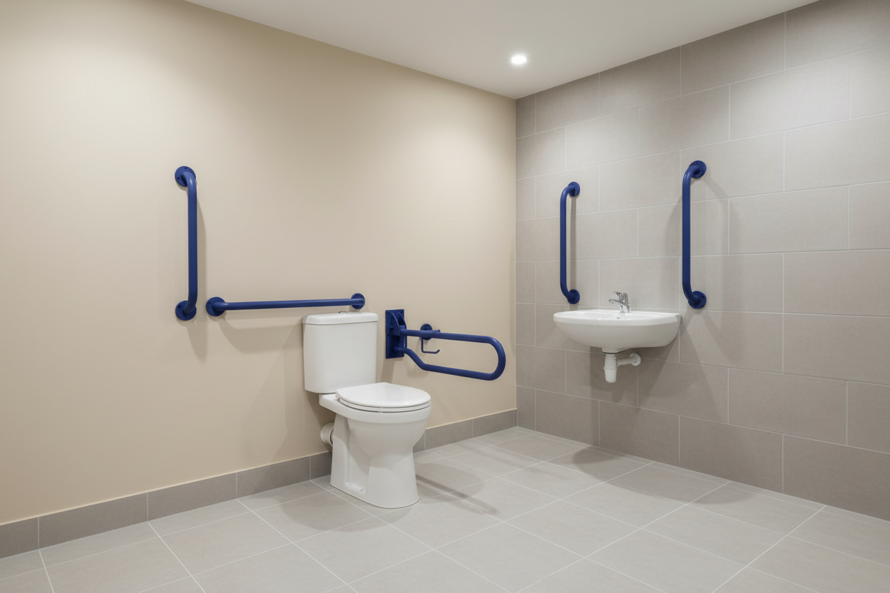 Accessible bathroom pack with close-coupled toilet, wall-hung basin and blue grab rails in a modern accessible bathroom setting