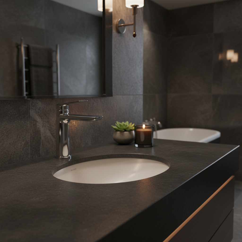Chrome basin mixer tap on dark slate countertop in moody sophisticated bathroom lifestyle setting