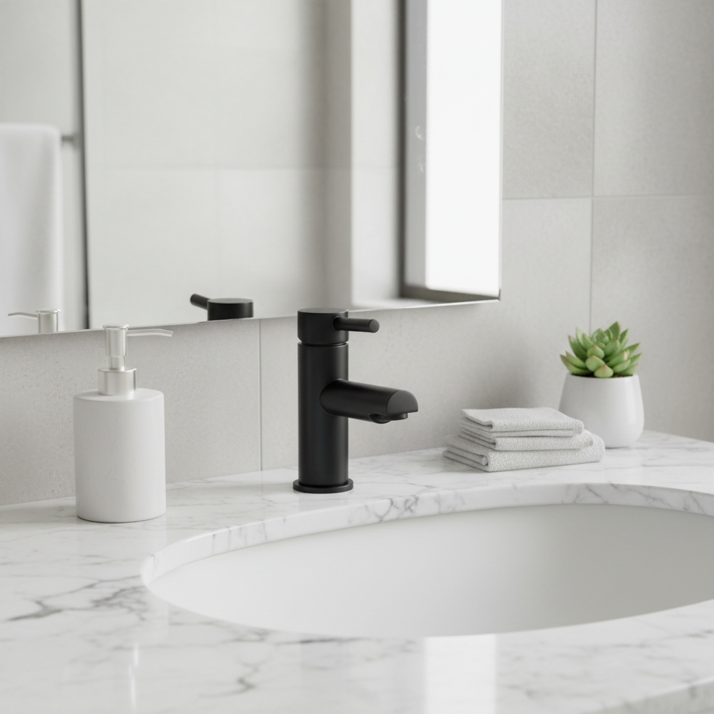 Matte black cylindrical mono basin mixer tap on white marble countertop in bright luxury bathroom lifestyle setting