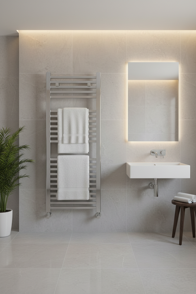 TradeRad Chrome Vertical Square Ladder Towel Rail in luxury bathroom setting