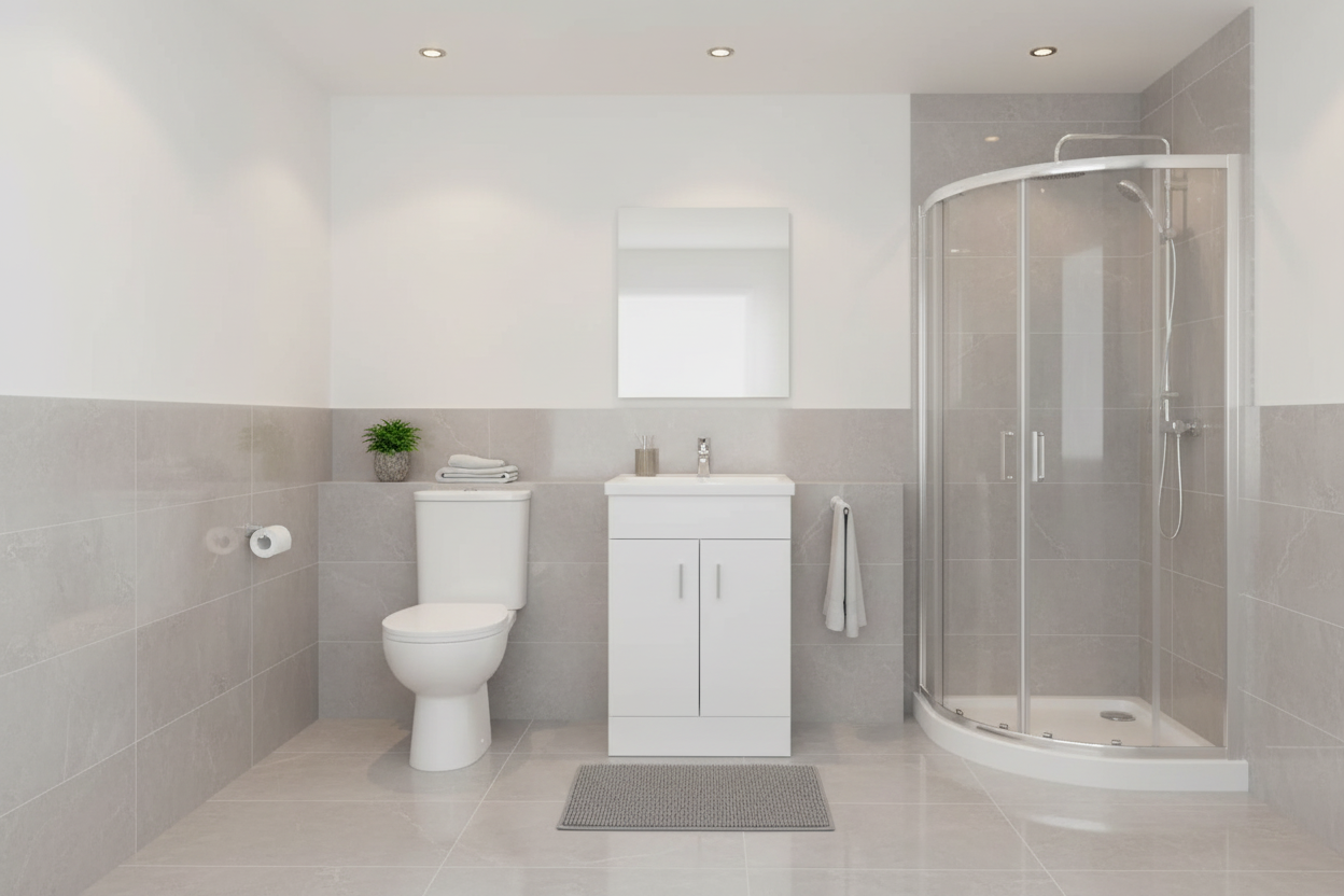 Complete bathroom suite with quadrant shower enclosure, vanity unit and toilet in modern setting
