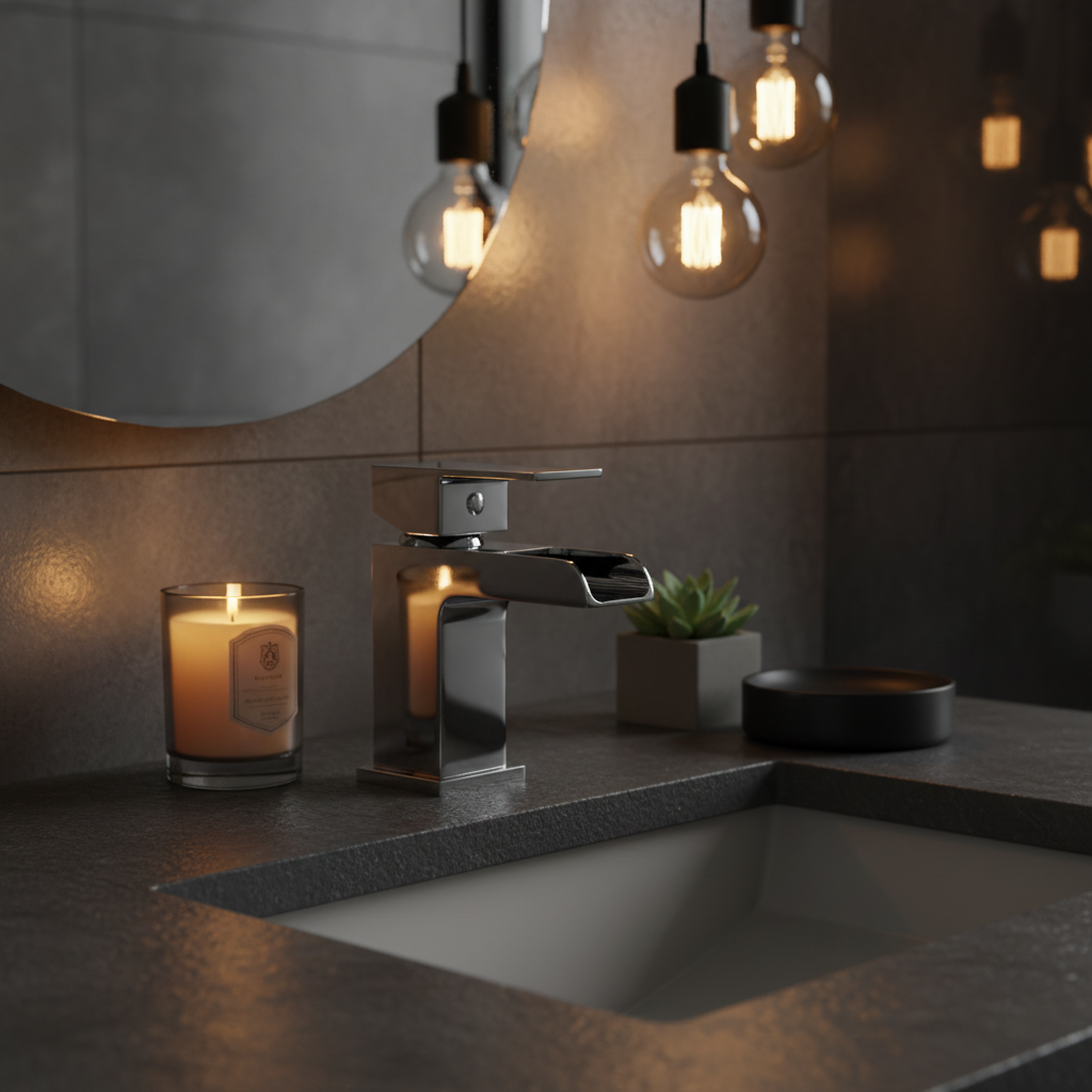 Chrome waterfall basin mixer tap on dark charcoal slate countertop in moody luxury bathroom lifestyle setting