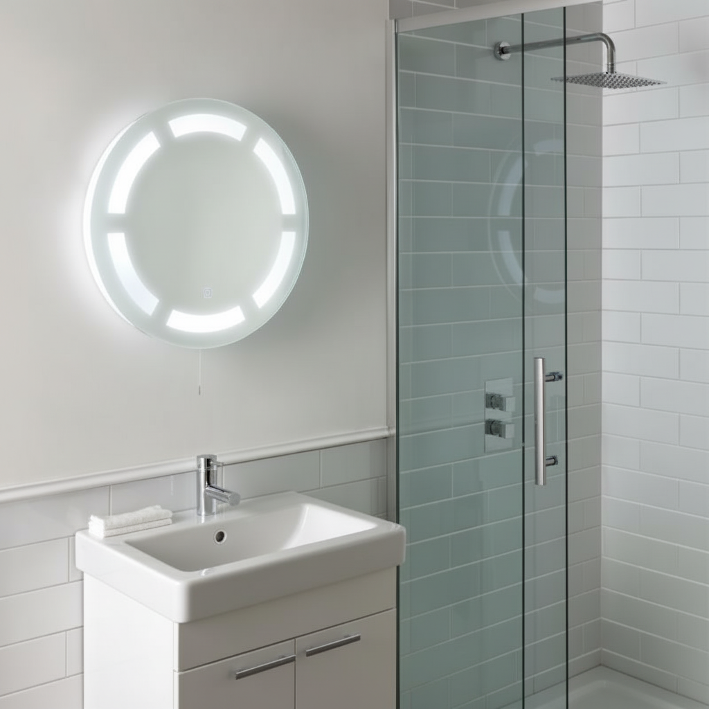 Bathroom with round LED mirror, white vanity and glass shower enclosure