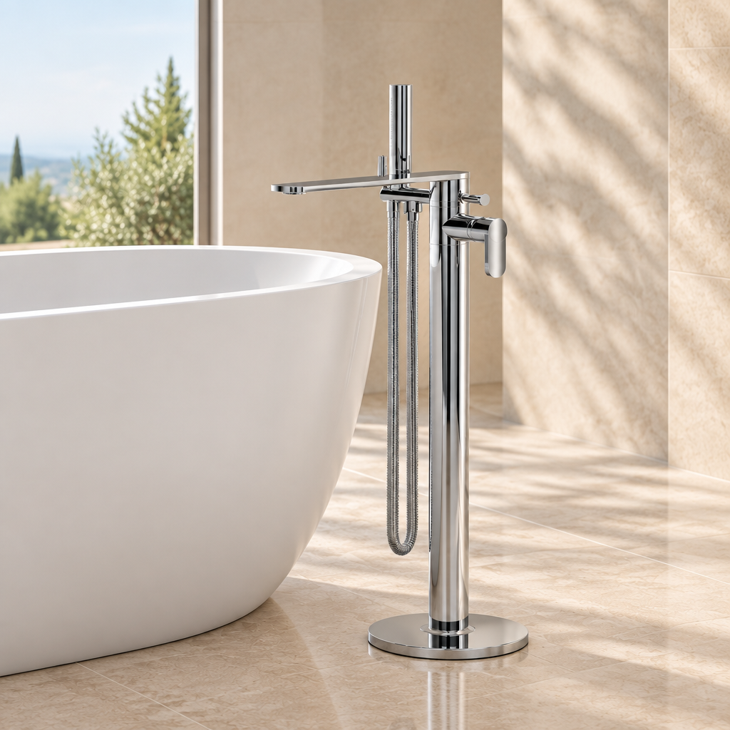 Nuie Cyprus Freestanding Bath Shower Mixer with Kit, Chrome