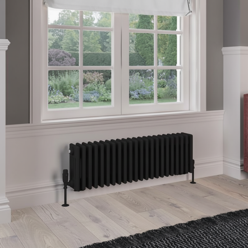 Black horizontal column radiator in room setting with window
