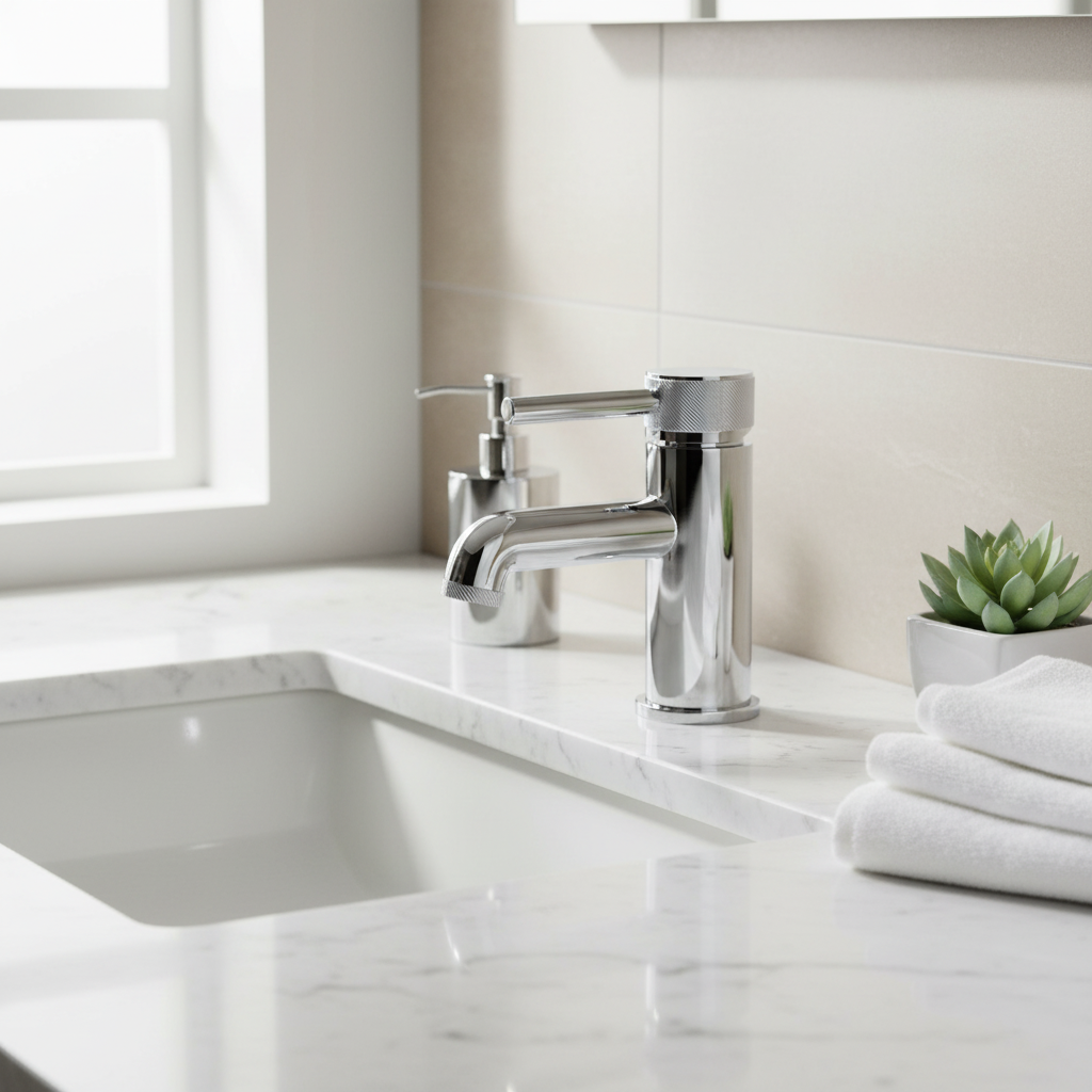 Chrome knurled mono basin mixer tap on white marble countertop in bright luxury bathroom lifestyle setting