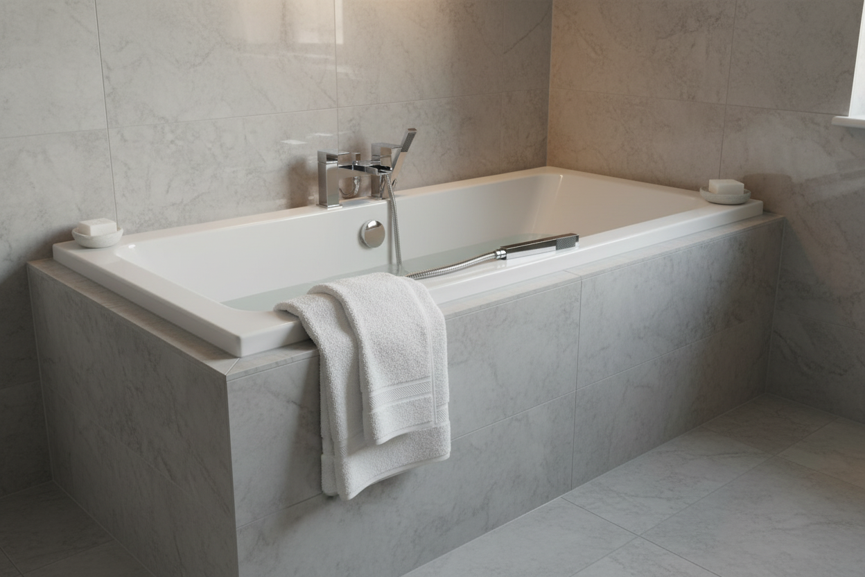 Square waterfall bath shower mixer tap deck mounted at end of bath with marble tiled surround