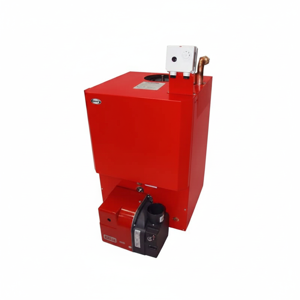 Red oil boiler unit with black burner and white control box on white background