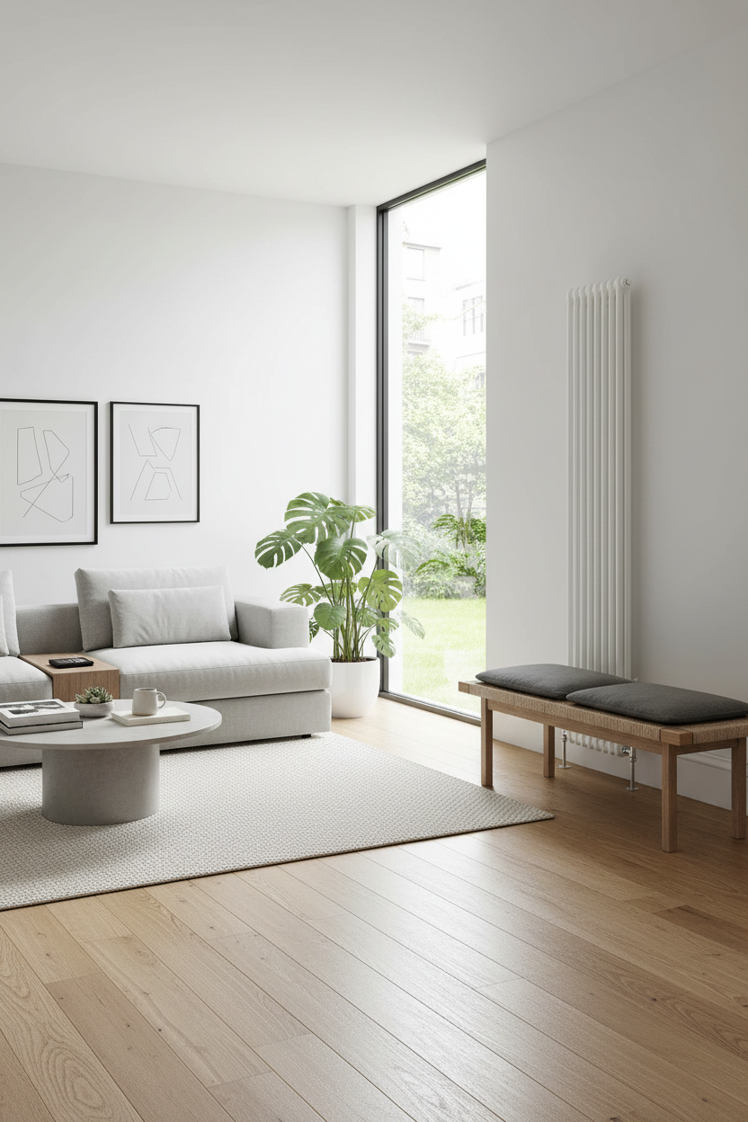 Vertical column radiator in modern room setting