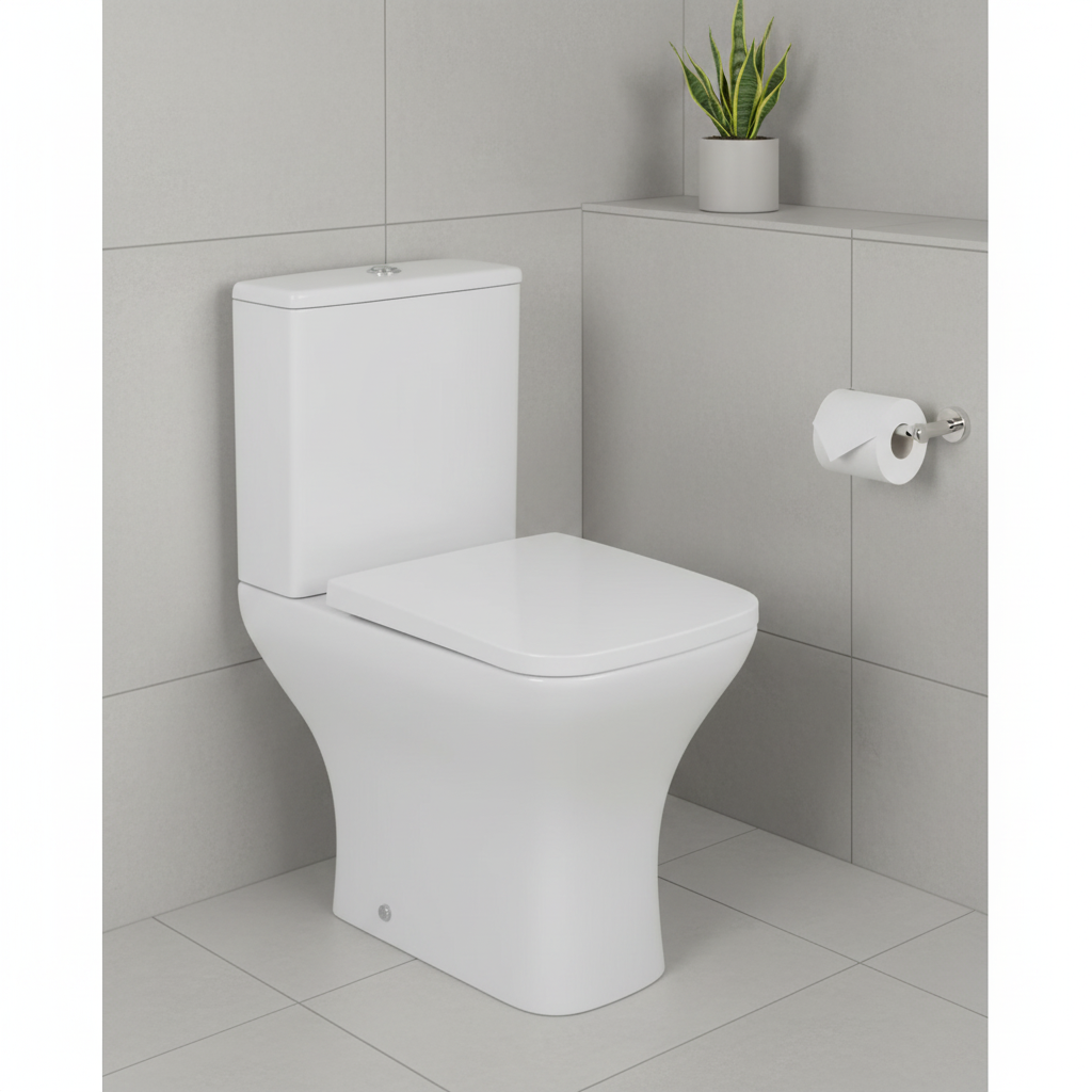 White contemporary close-coupled toilet positioned in a bright modern bathroom room setting with large format tiles