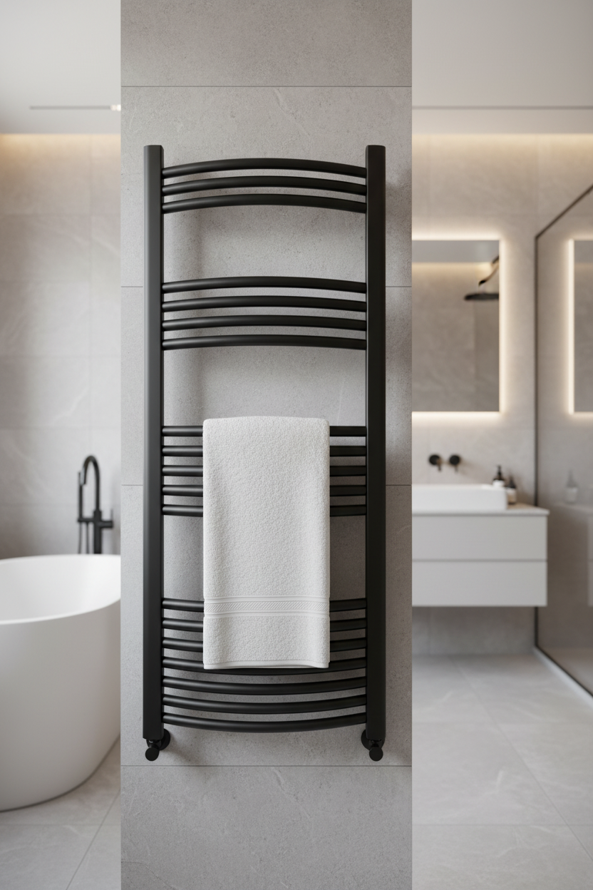 Matte black curved heated towel rail in luxury bathroom setting