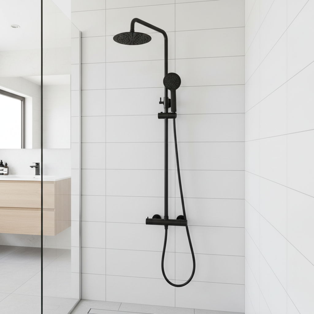 Trisen Verdura Black Rigid Riser Mixer Shower in bathroom setting