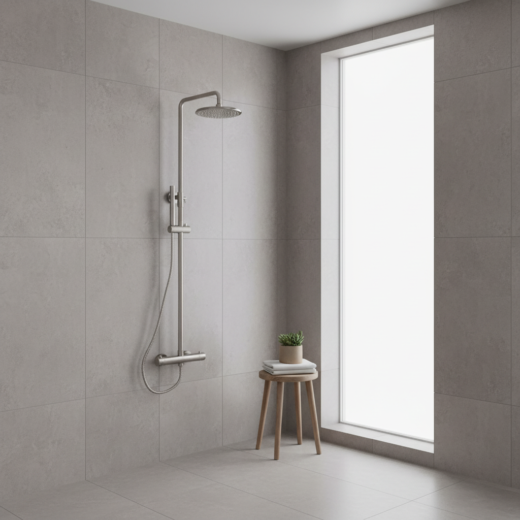 Brushed Nickel thermostatic shower column installed in a modern spa-style bathroom