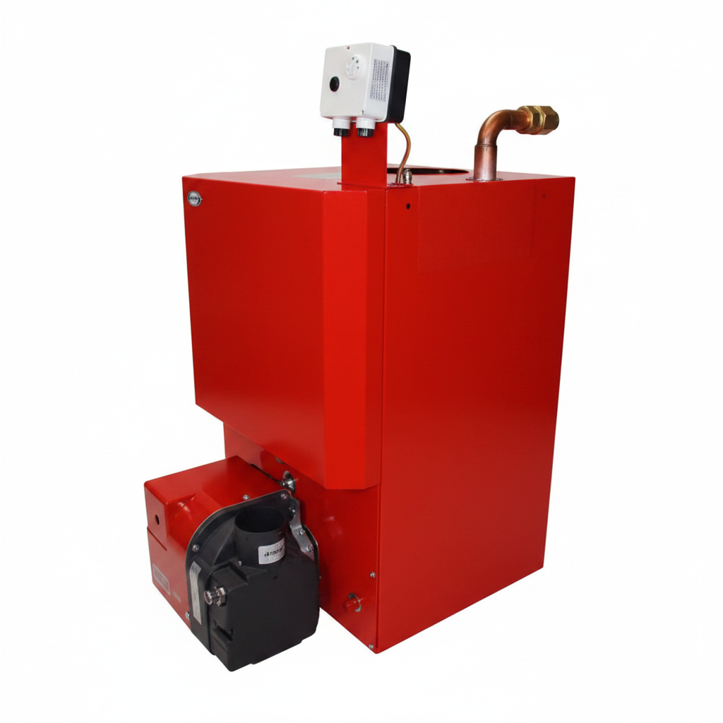 Red oil boiler unit side angle view showing depth and profile