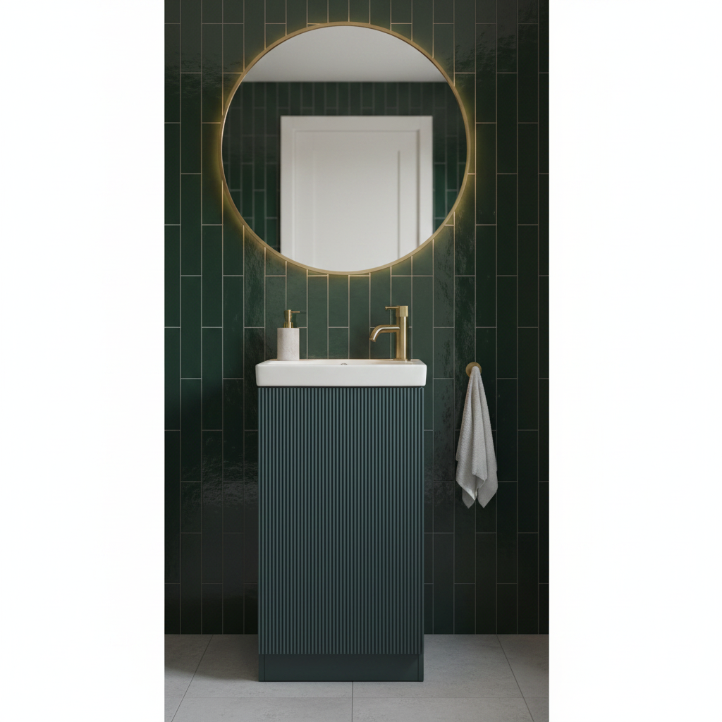 Deep teal fluted floor-standing cloakroom vanity unit with white ceramic basin and brushed gold tap in a modern cloakroom setting