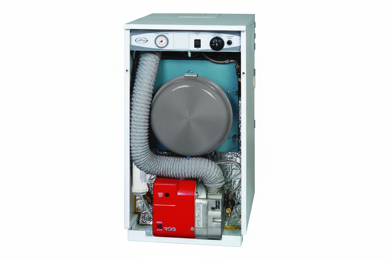 Oil boiler unit with open front panel showing internal components