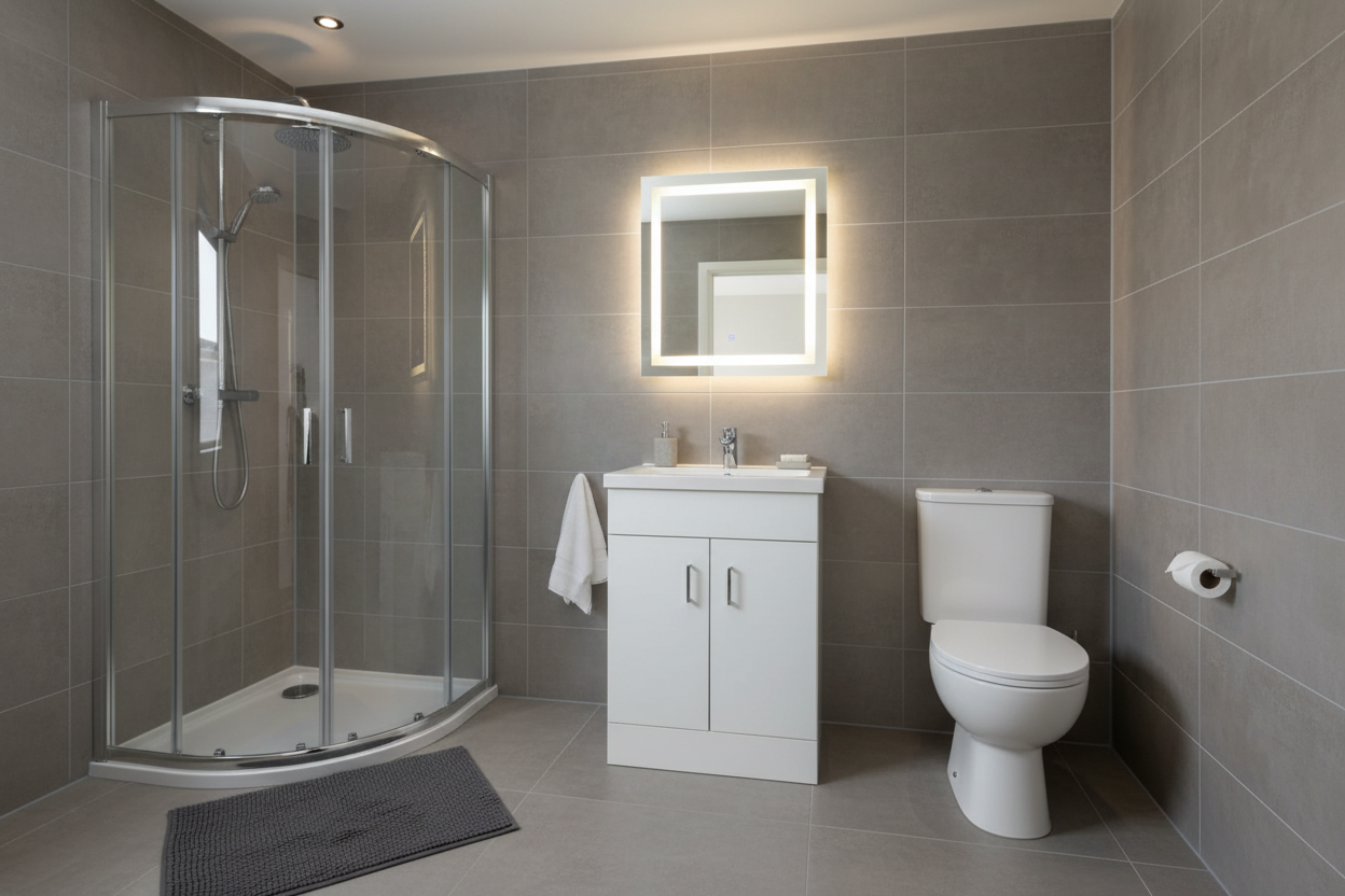 Modern bathroom suite with quadrant shower, vanity unit and toilet
