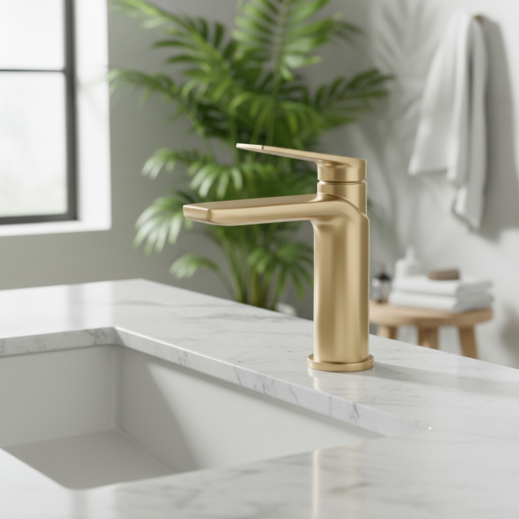 Brushed brass basin mixer tap in luxury marble bathroom lifestyle setting