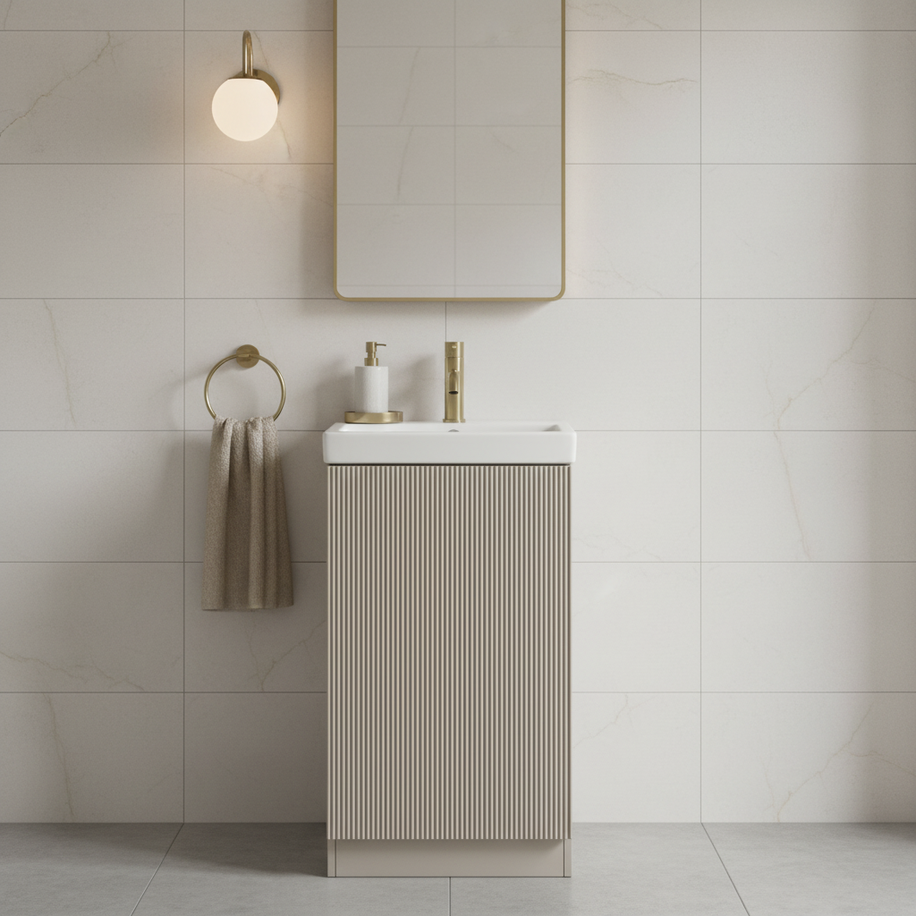 Greige fluted floor-standing cloakroom vanity unit full cabinet view with white ceramic basin and brushed gold tap in a modern cloakroom setting