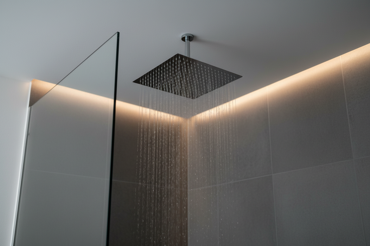 Chrome square rainfall shower head in modern minimalist bathroom with grey tiles