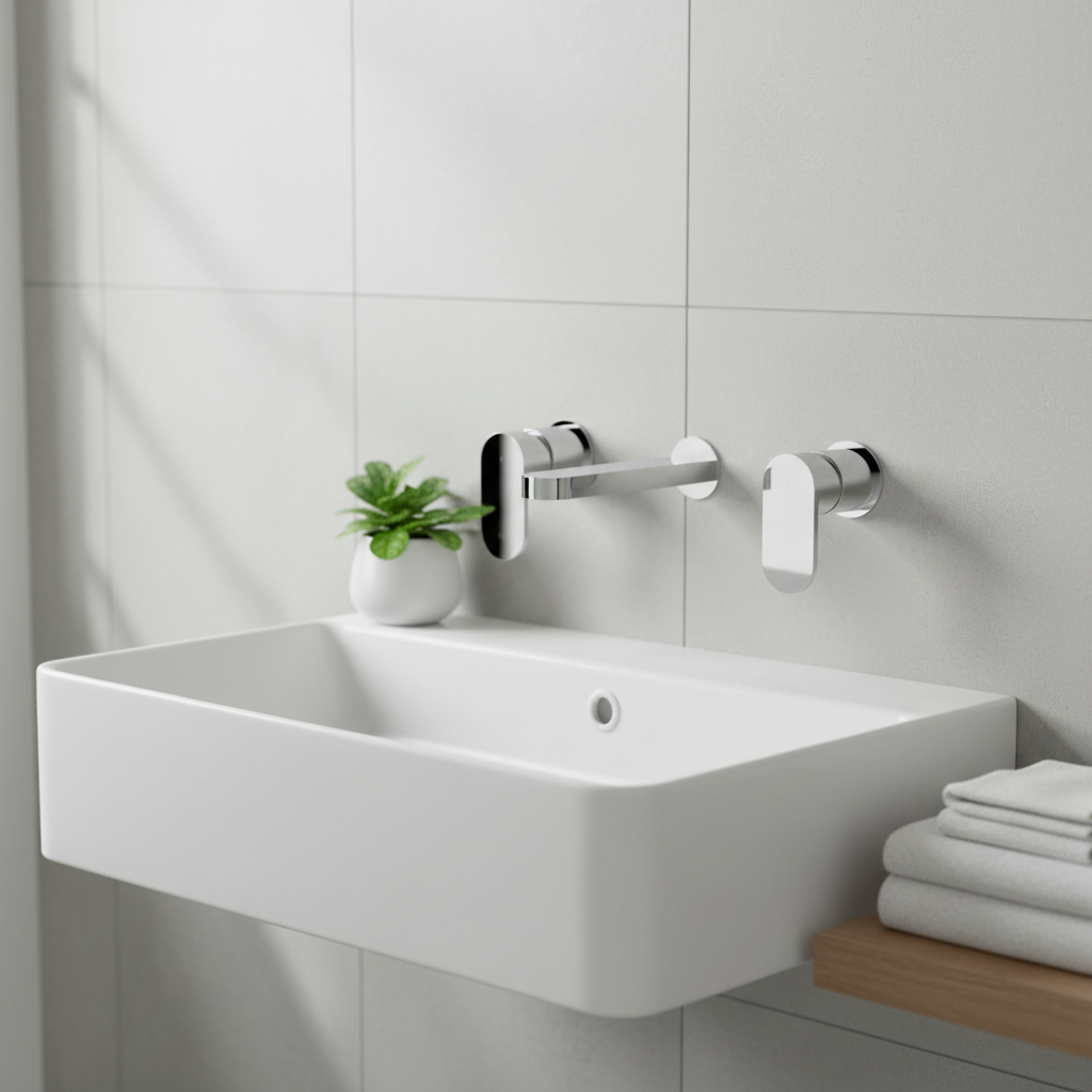 Chrome wall-mounted basin mixer tap set on white tiled wall above white wall-hung basin in bright luxury bathroom lifestyle setting