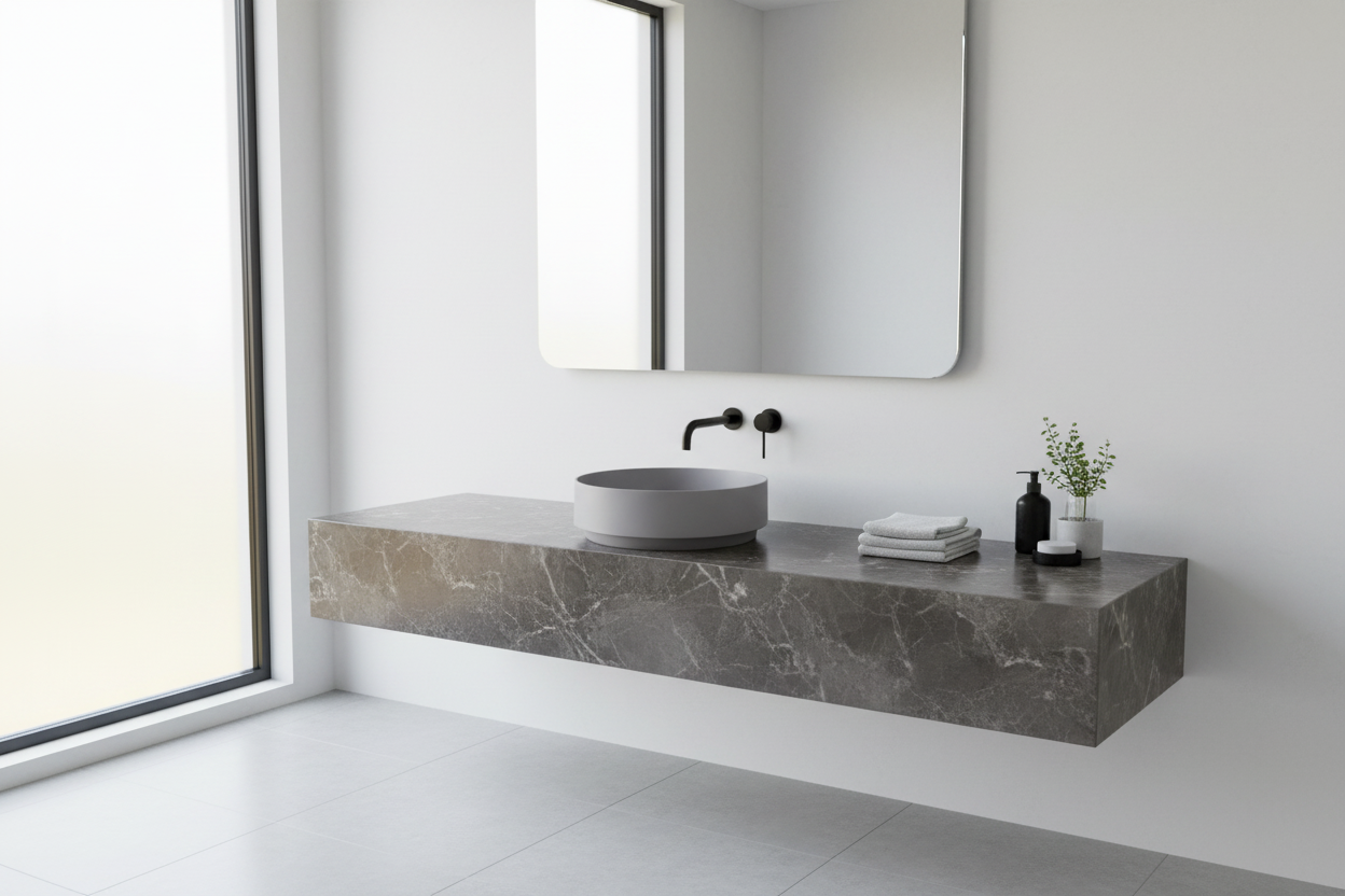 Grey countertop basin in bathroom setting