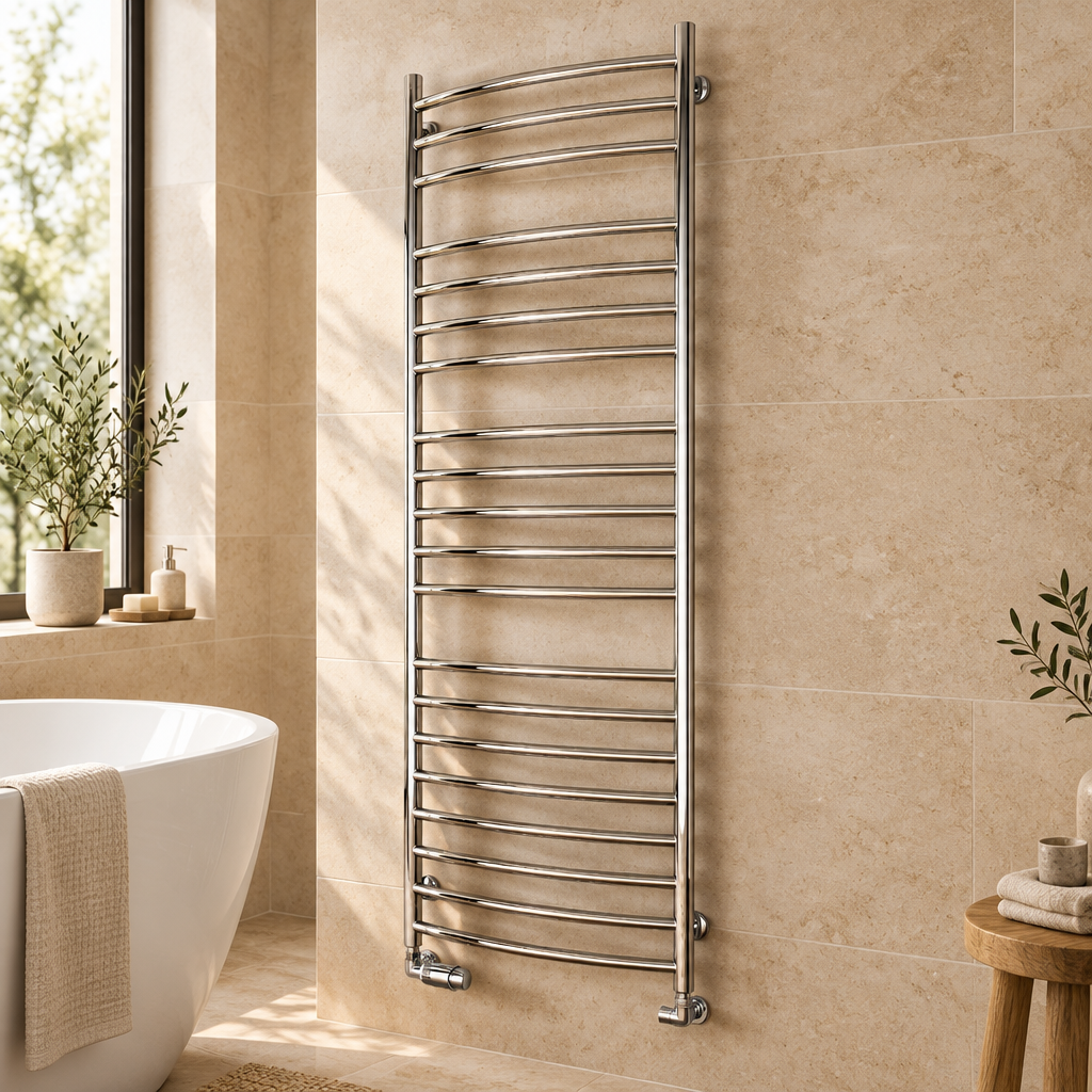 Reina Eos polished curved stainless steel heated towel rail on warm stone bathroom tiles beside a bath