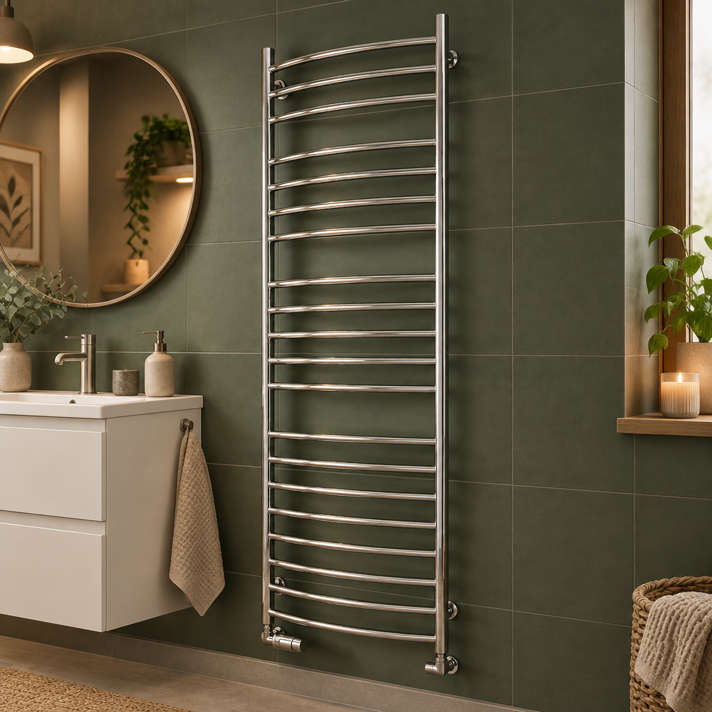 Reina Eos polished curved stainless steel heated towel rail on sage green bathroom tiles beside a vanity