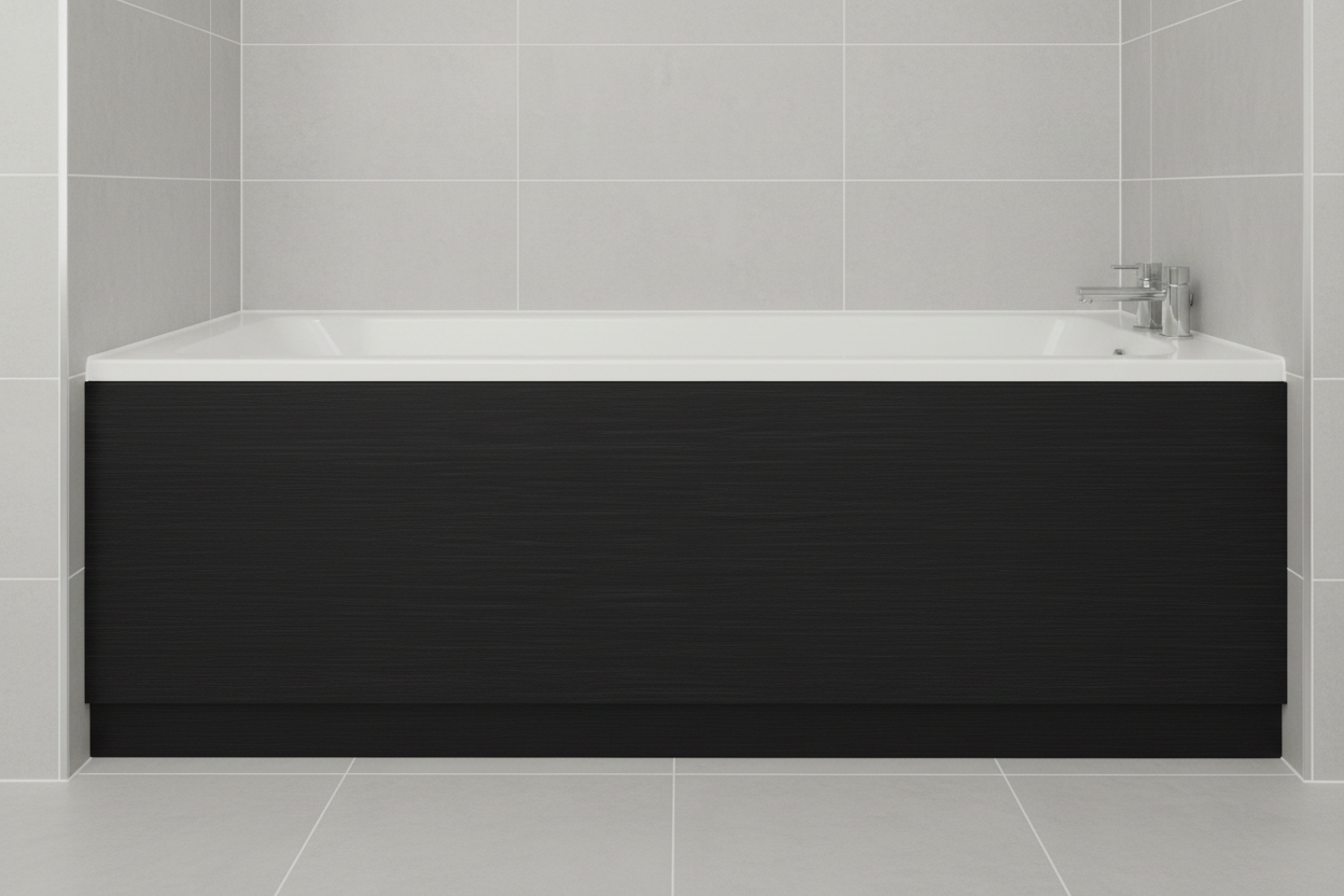 Charcoal black woodgrain front bath panel fitted wall-to-wall in tiled alcove bathroom