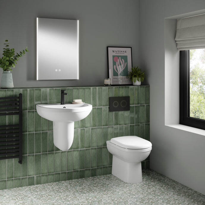 Nuie - Bathroom Package - Shingle Curved Back to Wall Bath & Panel, Ivo Semi Pedestal Basin, Ivo Back to Wall Pan