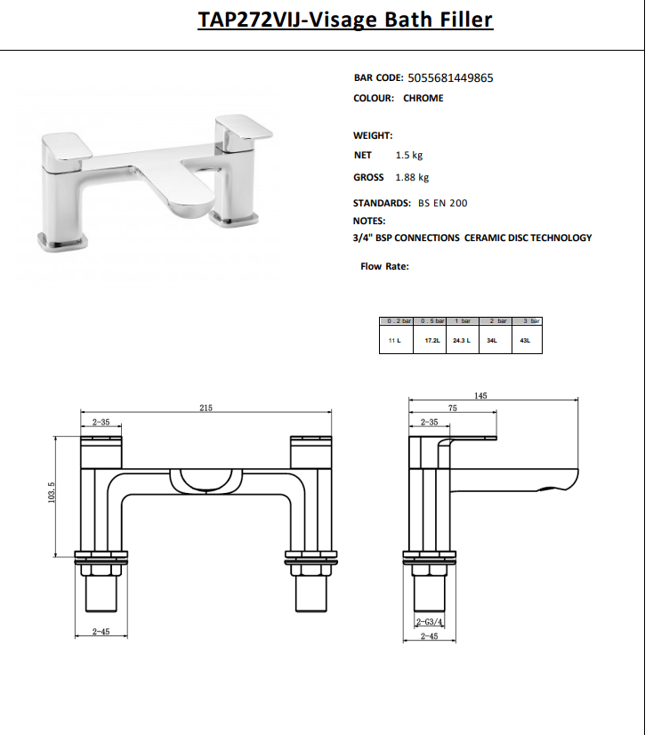 Kartell Brassware Visage Bath Filler Tap - Chrome
