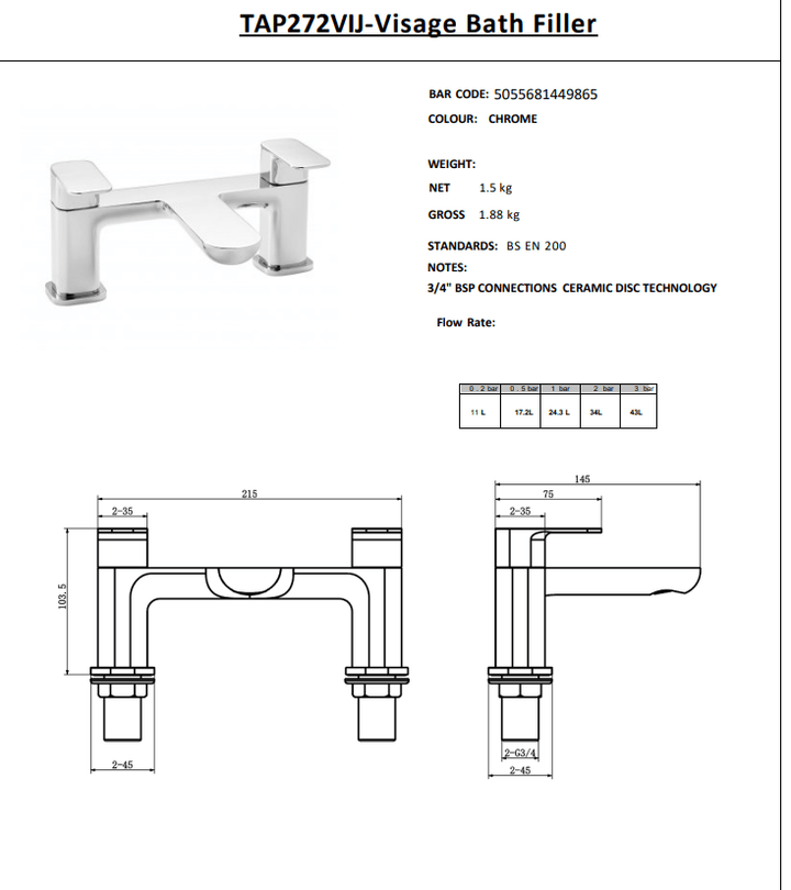 Kartell Brassware Visage Bath Filler Tap - Chrome