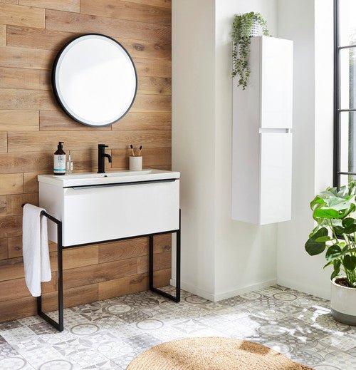 Kartell Kore Wall Mounted Ceramic Basin with Single Drawer Cabinet and Frame, 800mm x 355mm - Sonoma Oak